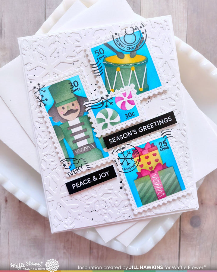 Project made with the Waffle Flower Postage Collage Nutcracker Stencil by Jill