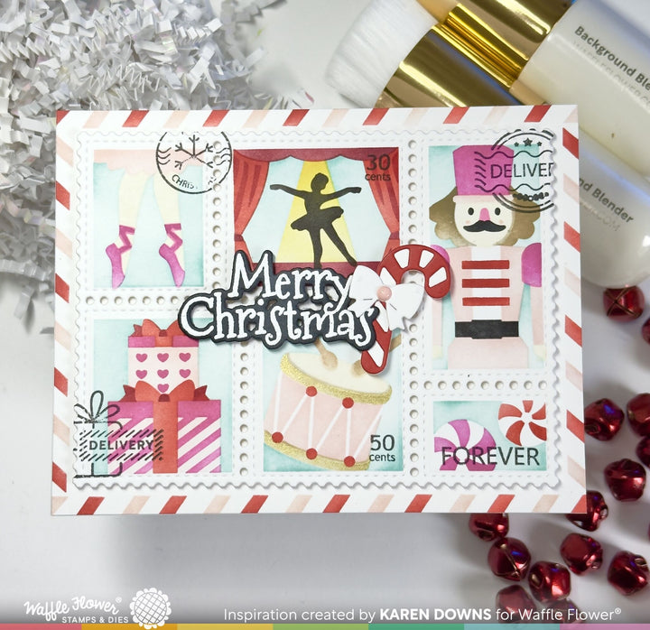 Project made with the Waffle Flower Postage Collage Nutcracker Stencil by Karen