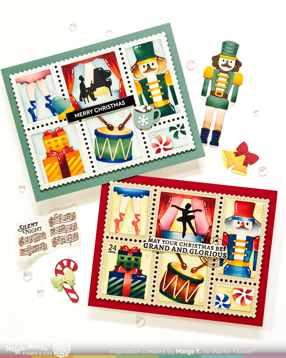 Project made with the Waffle Flower Postage Collage Nutcracker Stencil by Marge
