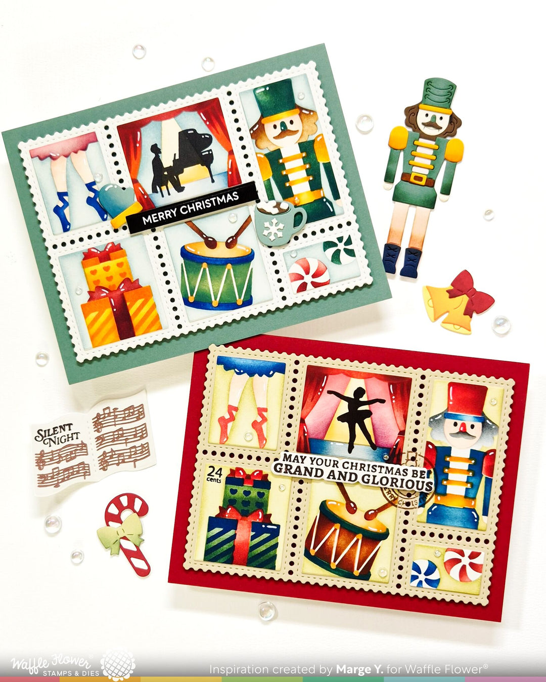 Project made with the Waffle Flower Postage Collage Nutcracker Stencil by Marge
