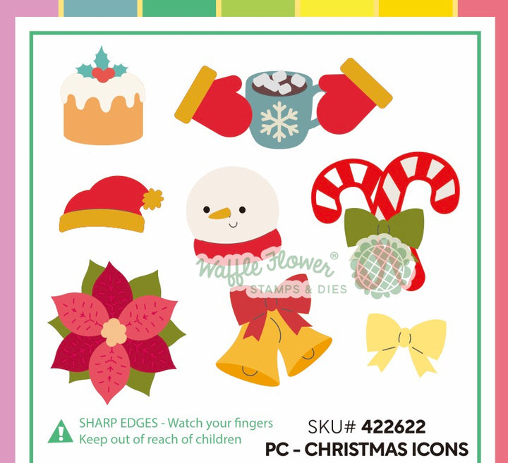 Waffle Flower Postage Collage Christmas Icons Die pieces shown assembled and coloured in