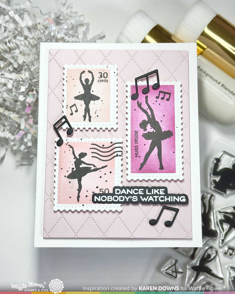 Project made with the Waffle Flower Postage Collage Ballerina Silhouettes Stamp Set by Karen