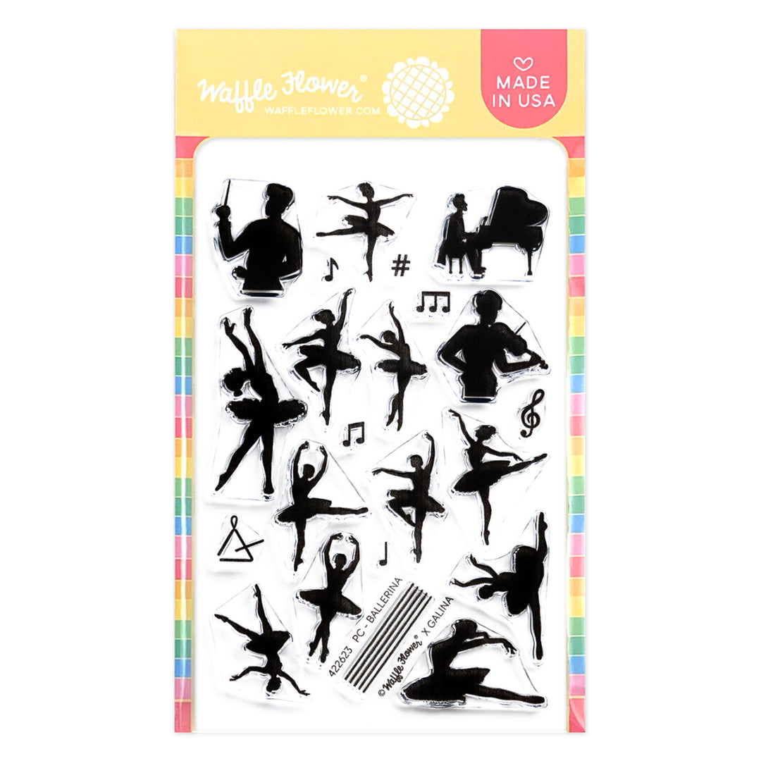 Waffle Flower Postage Collage Ballerina Silhouettes Stamp Set in its packaging