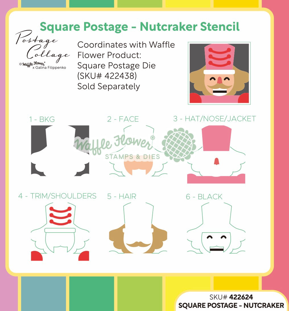 Waffle Flower Square Postage Nutcracker Stencil pieces shown assembled and coloured in