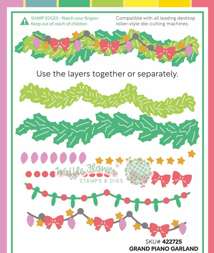 Waffle Flower Grand Piano Garland Die pieces shown assembled and coloured in