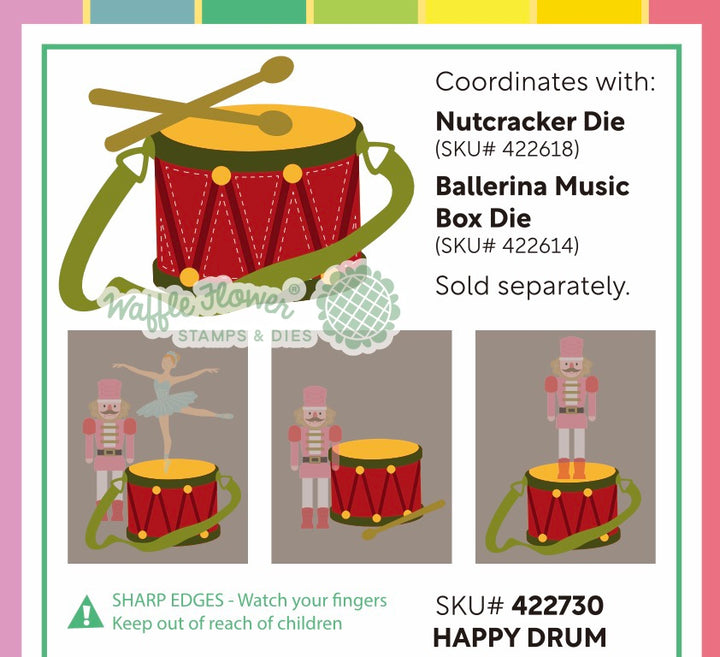 Waffle Flower Happy Drum Die pieces shown assembled and coloured in