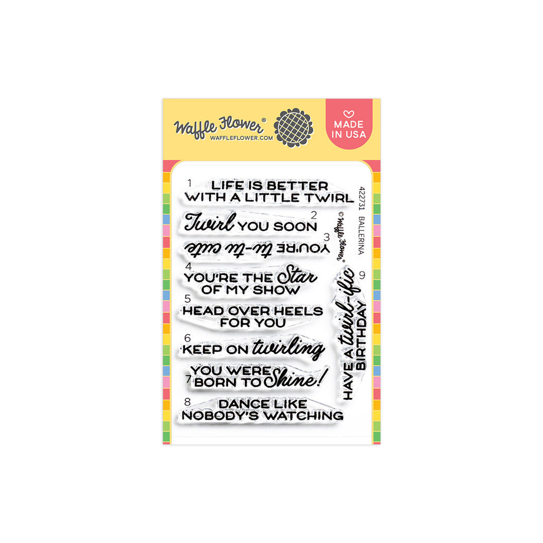 Waffle Flower Ballerina Sentiments Stamp Set in its packaging
