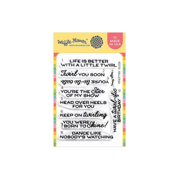 Waffle Flower Ballerina Sentiments Stamp Set in its packaging