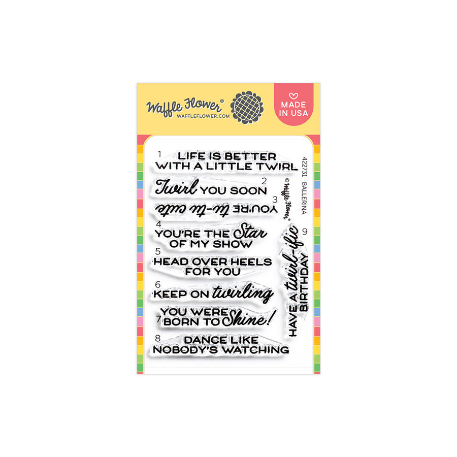 Waffle Flower Ballerina Sentiments Stamp Set in its packaging