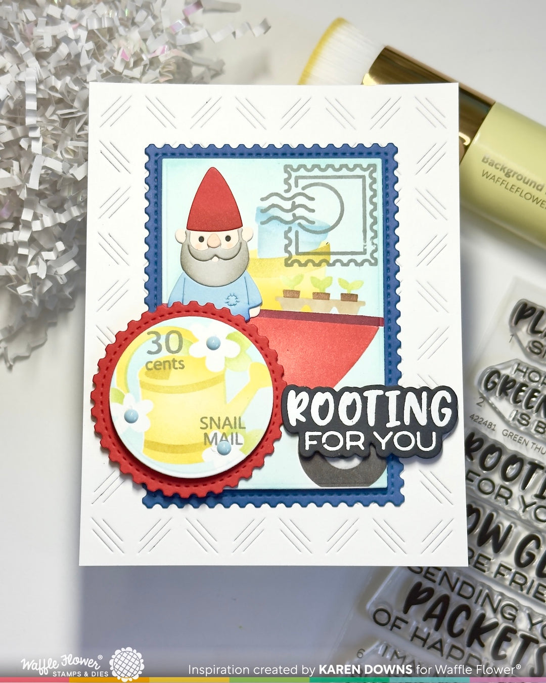 Card with gnome and postage stamp design, featuring text 'Rooting for You'.