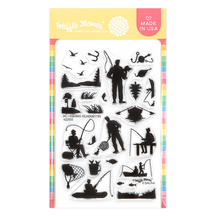 Miffle Flower clear stamp sheet featuring black fishing-themed silhouette designs, including a fisherman, fishing rods, boats, birds, and lakes, shown in its packaging with a yellow header and colorful striped border.