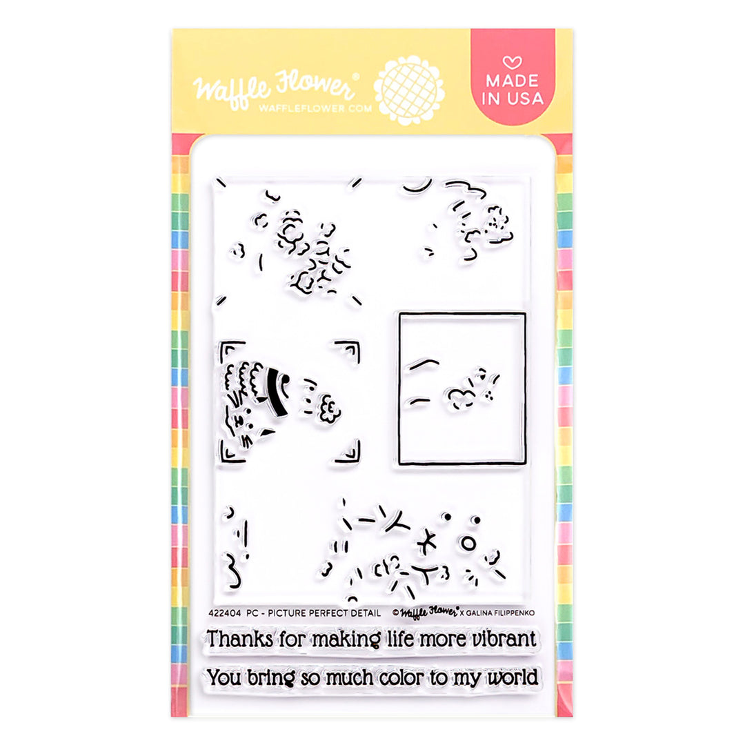 Waffle Flower clear stamp set with colorful border on white background
