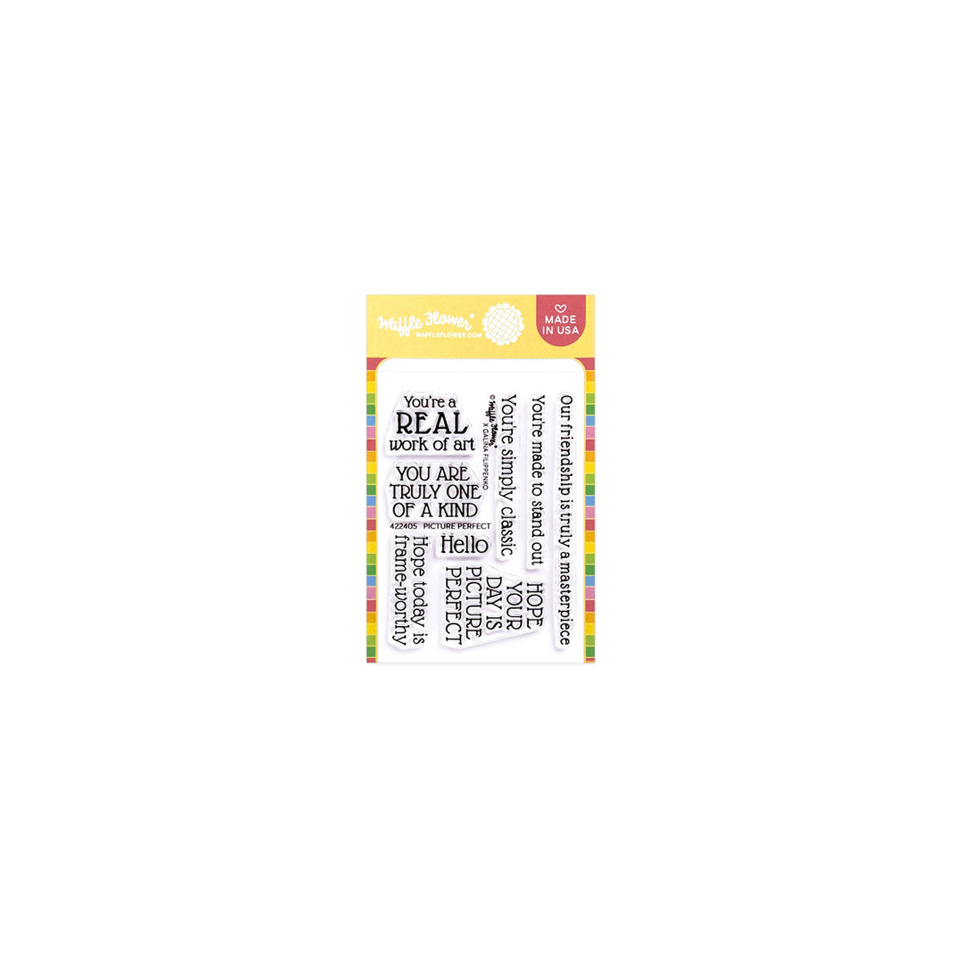 Packaging of clear stamps with text on a white background