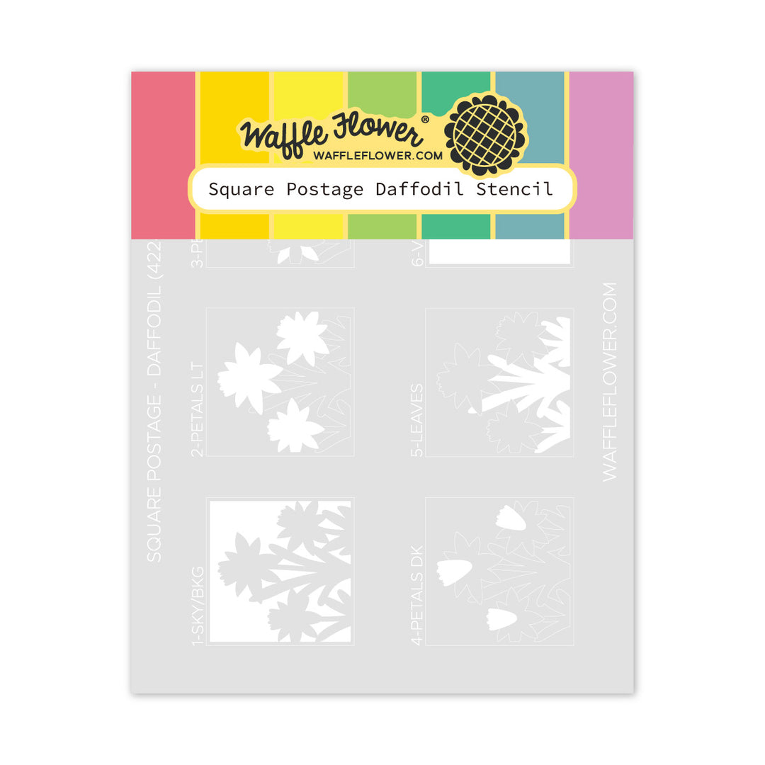 Waffle Flower Square Postage Daffodil Stencil packaging on a white background