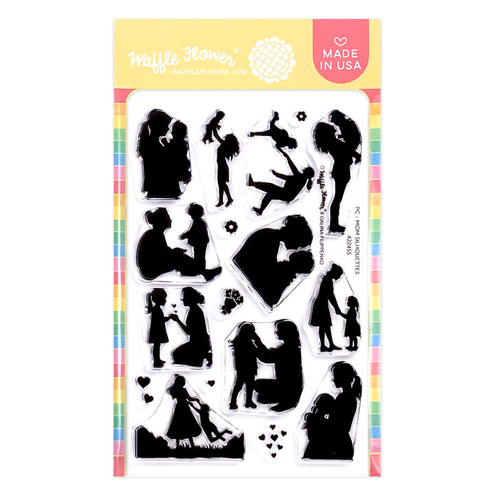 Set of black silhouette stamps on a colorful background with Waffle Flower branding.