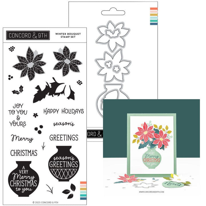 Image showing Concord & 9th Winter bouquet stamps and dies bundle with and card example