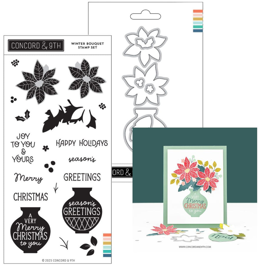 Image showing Concord & 9th Winter bouquet stamps and dies bundle with and card example