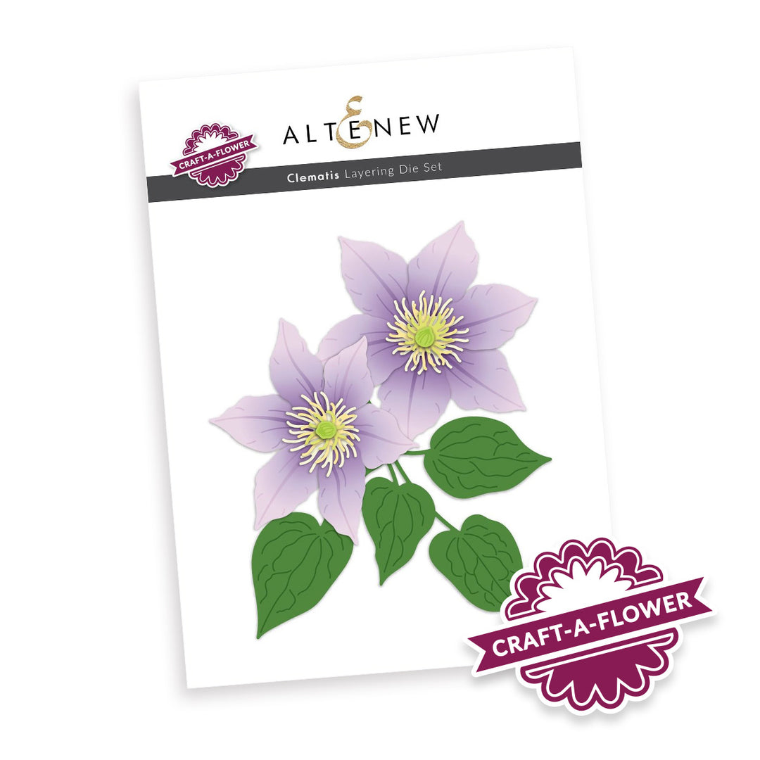 Altenew Clematis Layering Die Set packaging with purple flowers and green leaves on a white background.