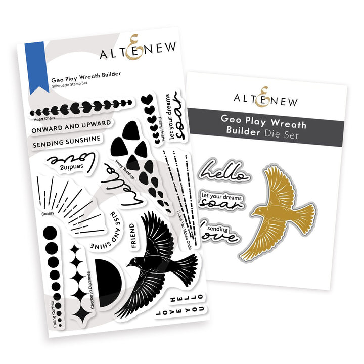 Altenew Geo Play Wreath Builder die set packaging with black and gold designs on a white background
