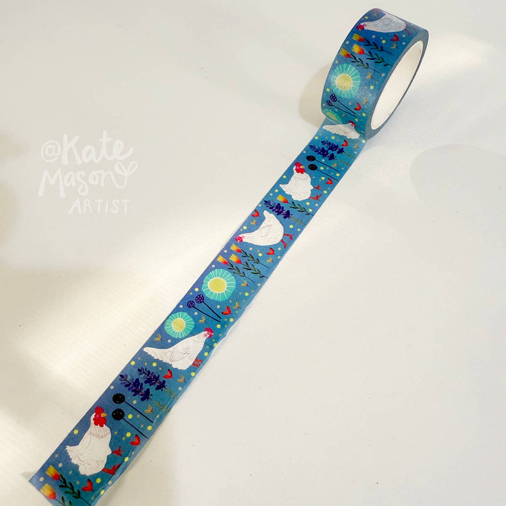 Decorative washi tape with chicken pattern and flowers on a white background