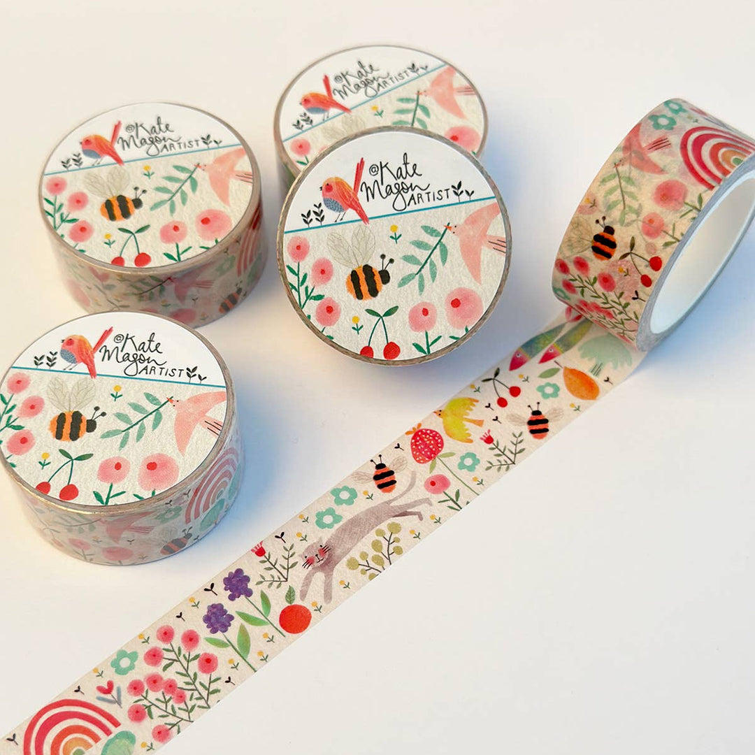 Decorative washi tape rolls with floral and nature-themed designs on a white background.