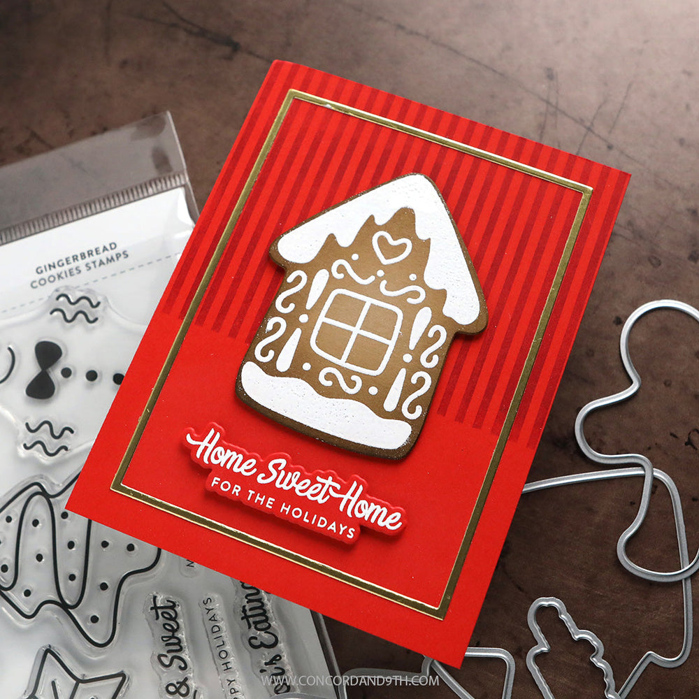 Concord & 9th Kristina Werner Gingerbread Cookies Bundle — a red "Home Sweet Home" card with the gingerbread house shape, shown with the coordinating stamps and dies packaging.