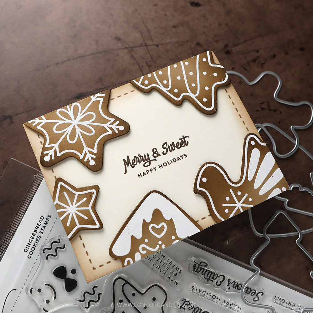 Concord & 9th Kristina Werner Gingerbread Cookies Stamps — a "Merry & Sweet, Happy Holidays" card with stamped gingerbread star, tree, bird, and house cookies.