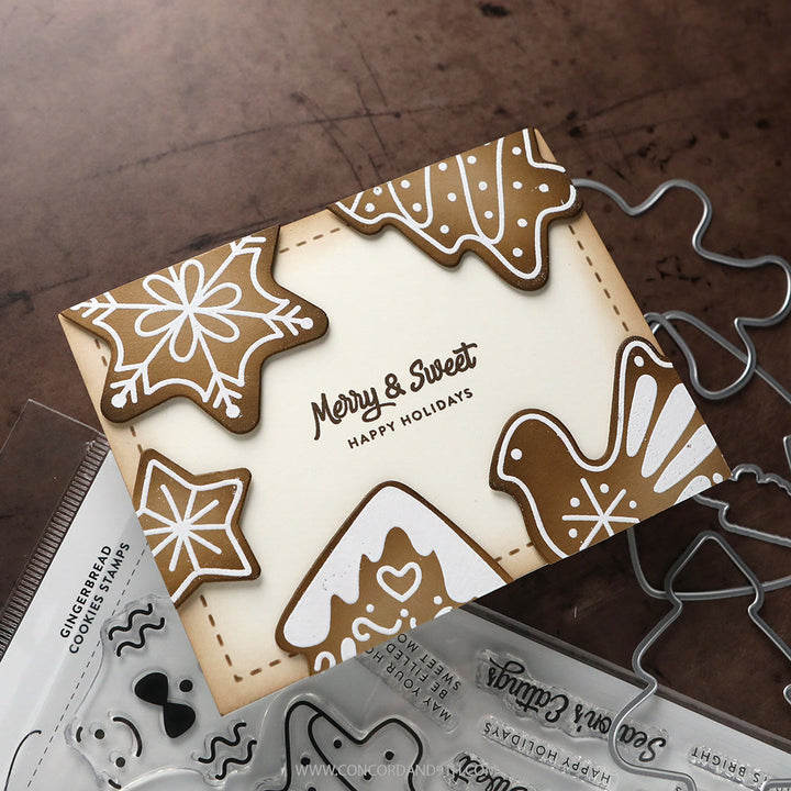 Concord & 9th Kristina Werner Gingerbread Cookies Stamps — a "Merry & Sweet, Happy Holidays" card with stamped gingerbread star, tree, bird, and house cookies.
