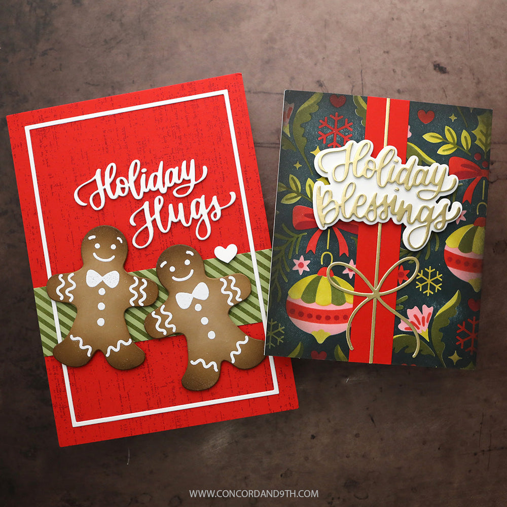 Concord & 9th Kristina Werner Holiday Hugs and Blessings Dies — the "Holiday Hugs" gingerbread card and the "Holiday Blessings" ornament card shown side by side.