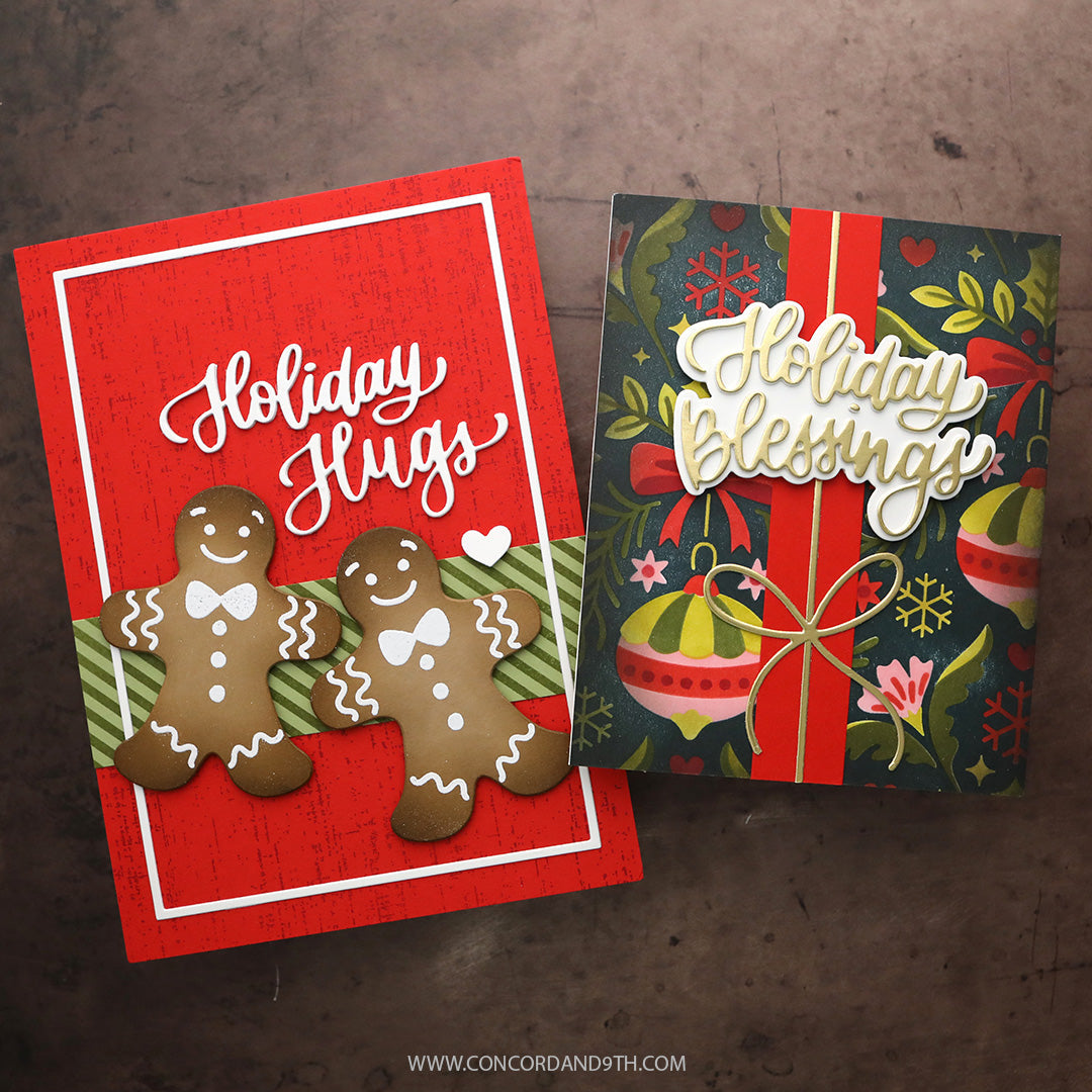 Concord & 9th Kristina Werner Holiday Hugs and Blessings Dies — the "Holiday Hugs" gingerbread card and the "Holiday Blessings" ornament card shown side by side.