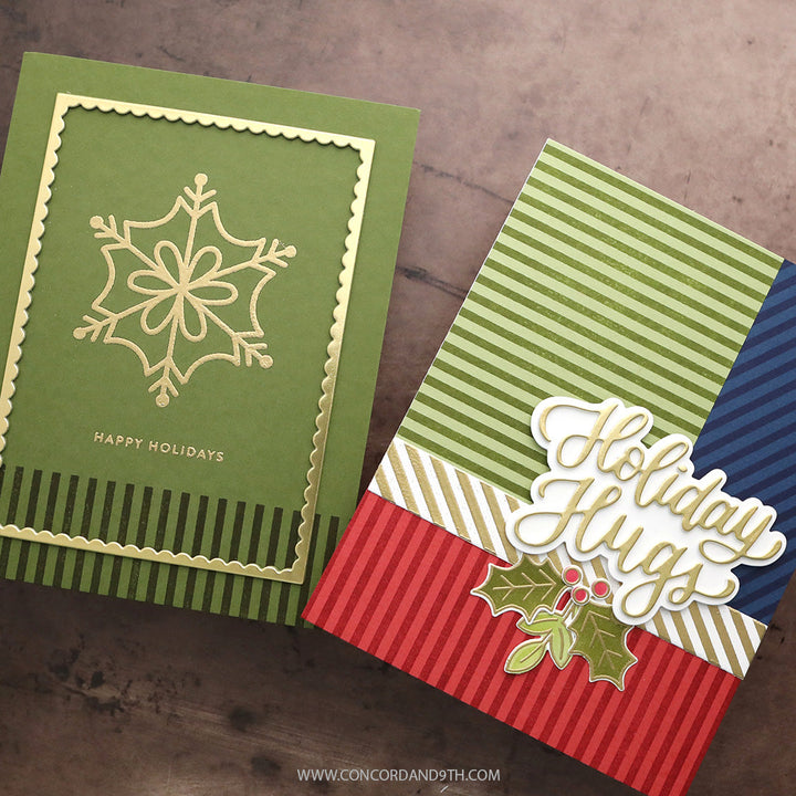 Concord & 9th Kristina Werner XL Basic Stripes Background Stamp — a gold-embossed snowflake card and a striped "Holiday Hugs" card shown together.
