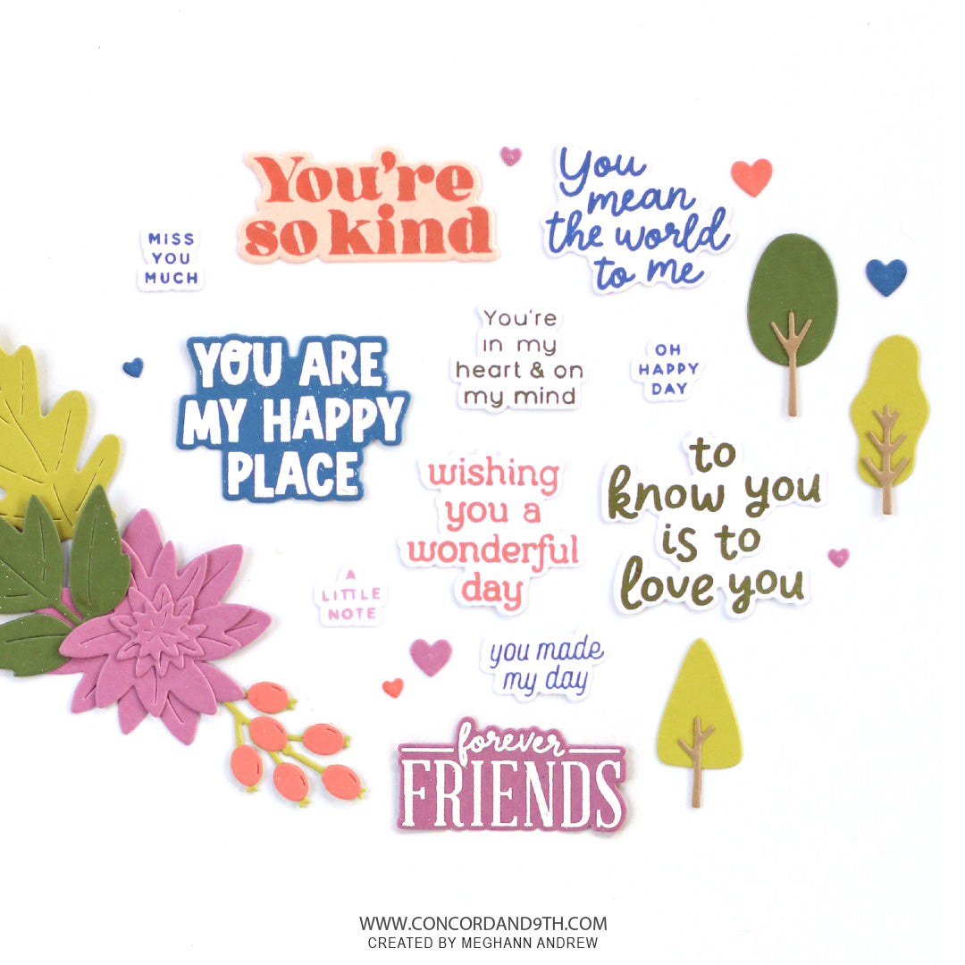 A collection of colorful die-cut paper phrases and decorative elements on a white background, including text sayings like 'You're so kind', 'You are my happy place', and 'forever FRIENDS', along with flowers, leaves, and trees.