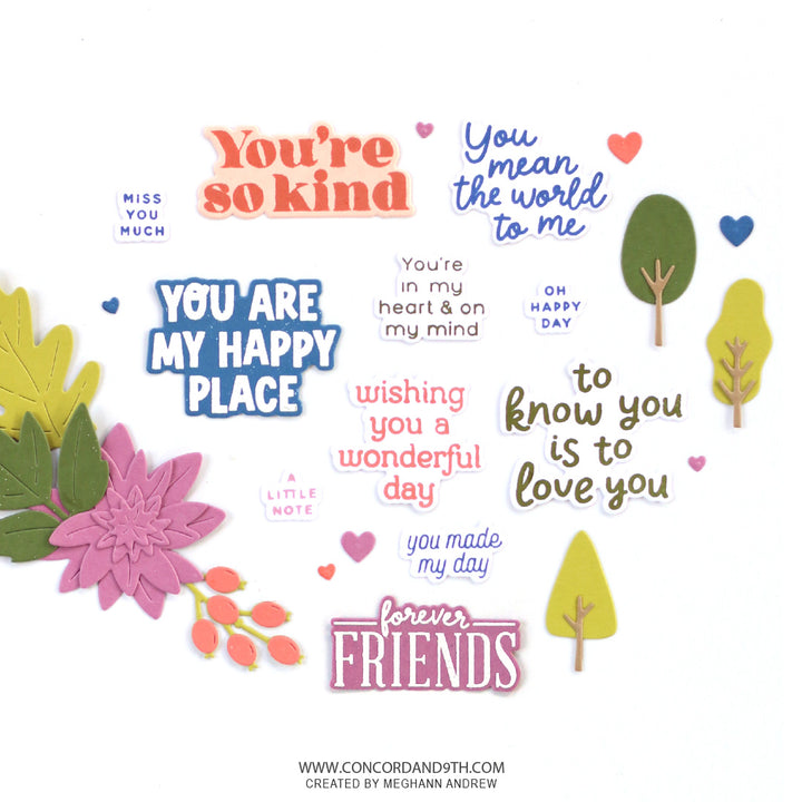 A collection of colorful die-cut paper phrases and decorative elements on a white background, including text sayings like 'You're so kind', 'You are my happy place', and 'forever FRIENDS', along with flowers, leaves, and trees.
