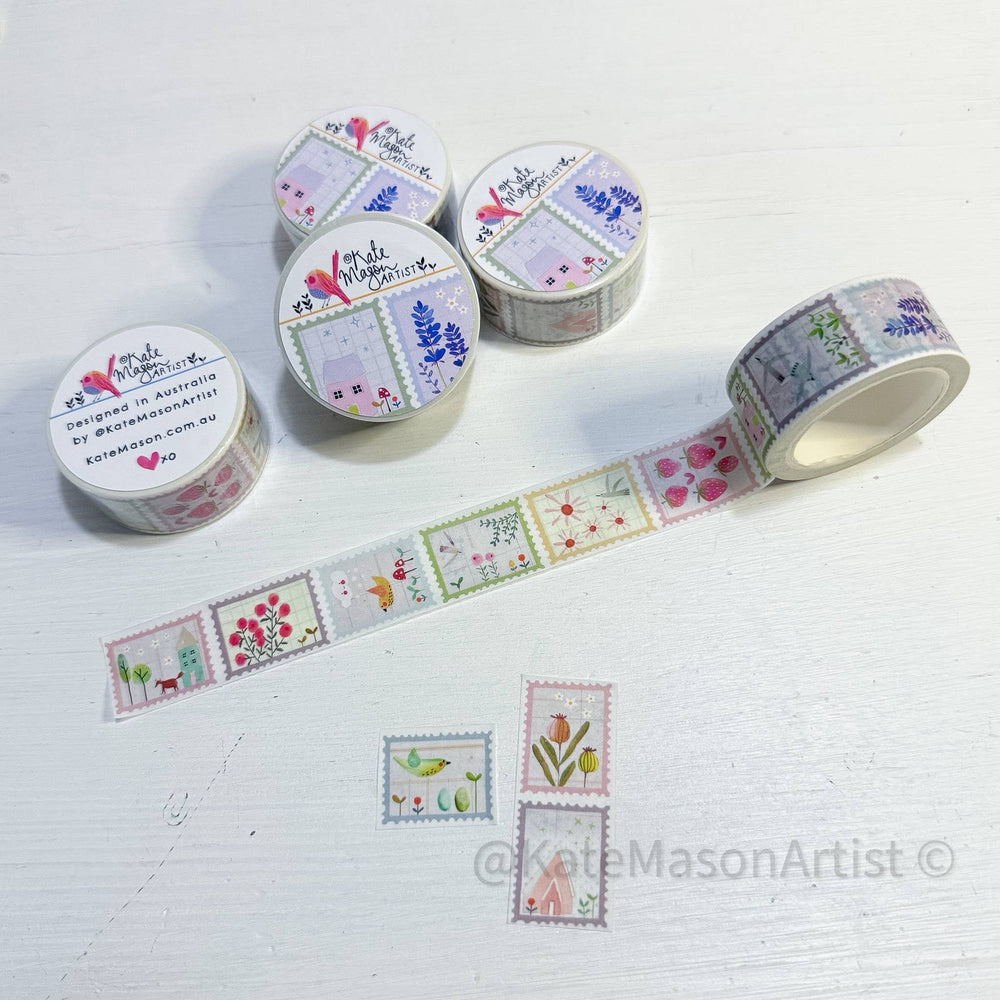 Decorative tape with floral and nature-themed stamp designs on a white background