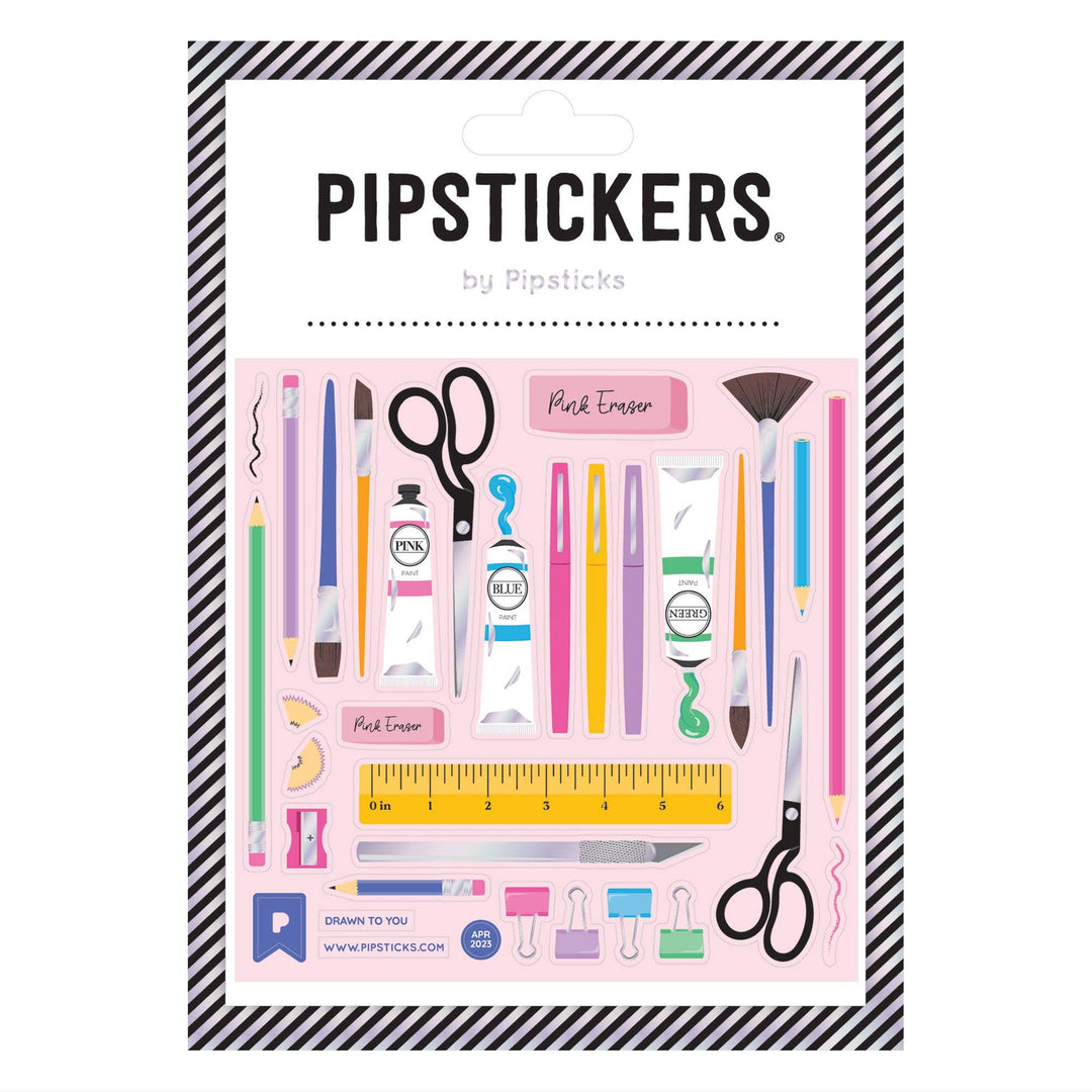 Packaging of Pipstickers with stationery items on a white background