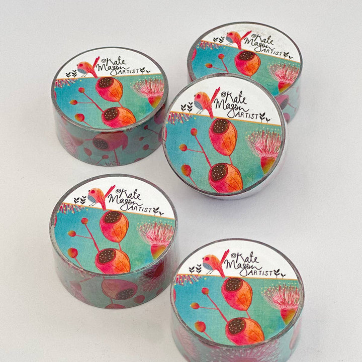 5 washi tapes with Kate Mason artist logo and a gumnut image.