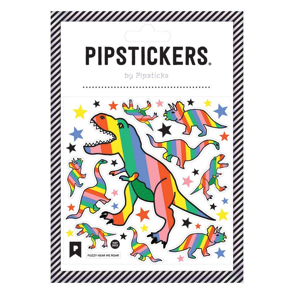 Packaging of Pipstickers with colorful dinosaur illustrations on a white background