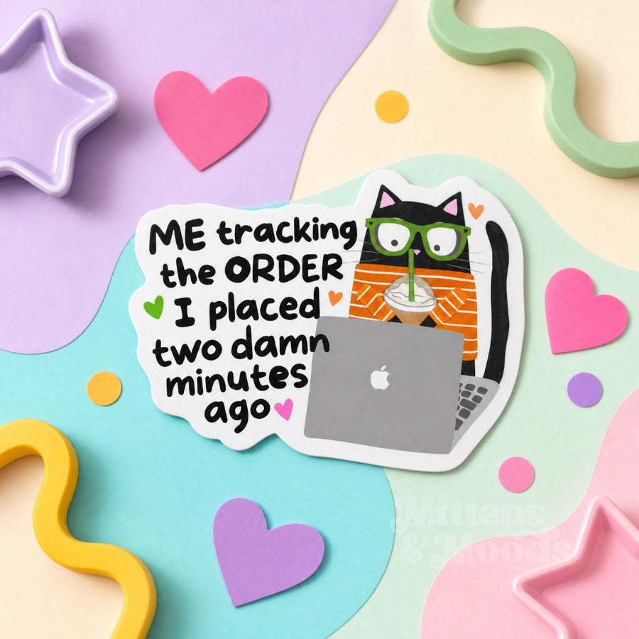 Sticker with a cat wearing glasses and text about tracking an order, surrounded by colorful shapes on a pastel background.