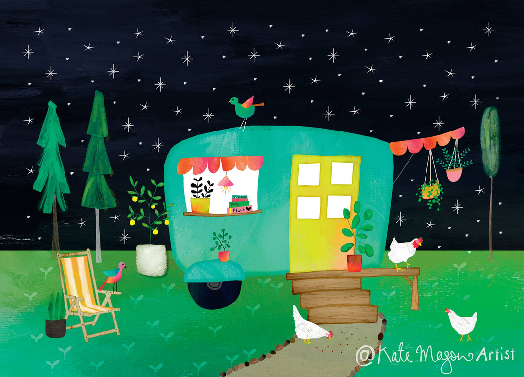 Illustration of a colorful camper van with plants and furniture under a starry night sky.