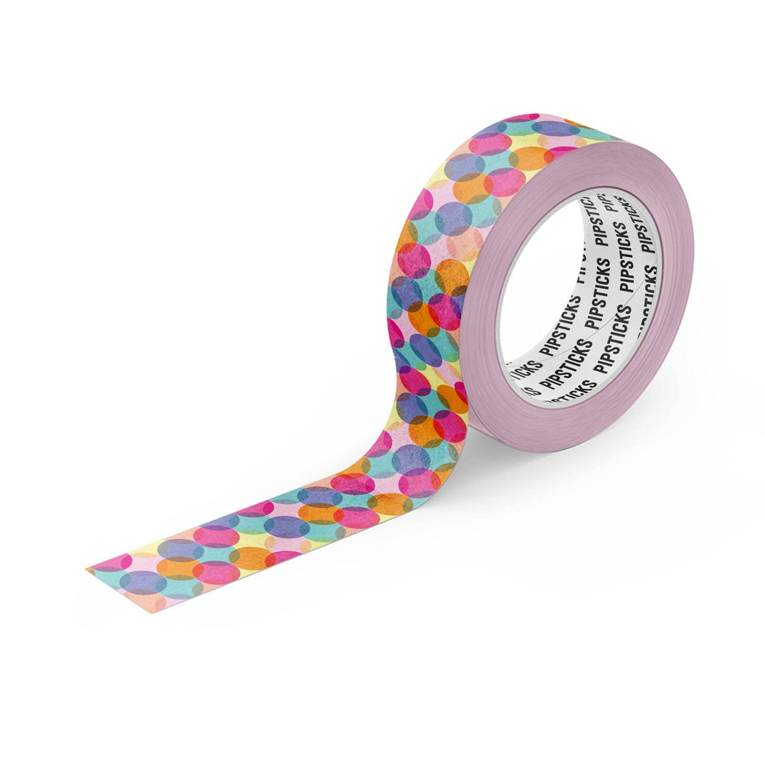 Colorful polka dot tape with a visible brand name on a white background