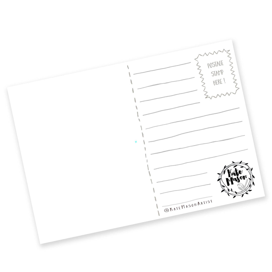 White postcard back with black text and design elements on a white background