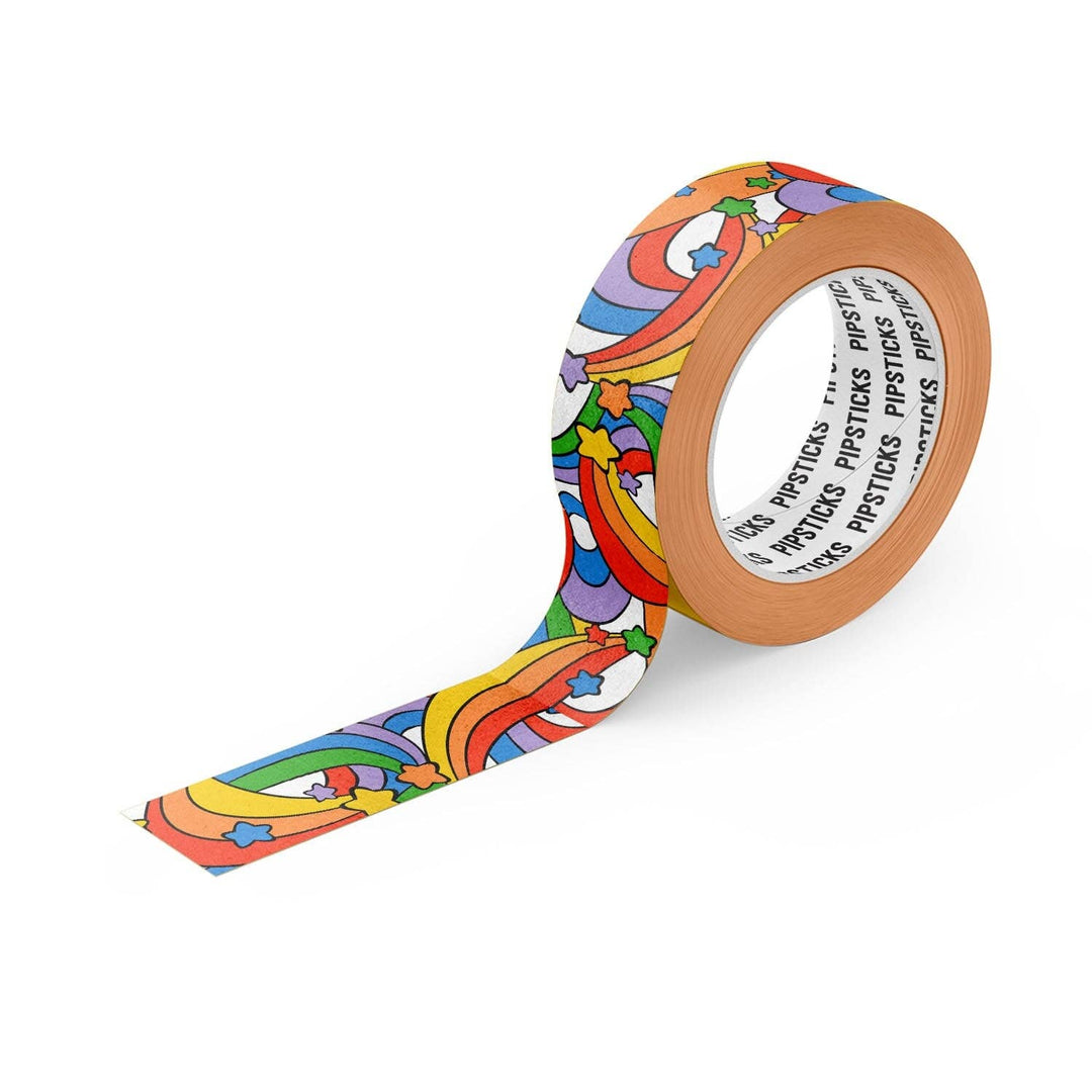 Colorful washi tape with a rainbow design on a white background