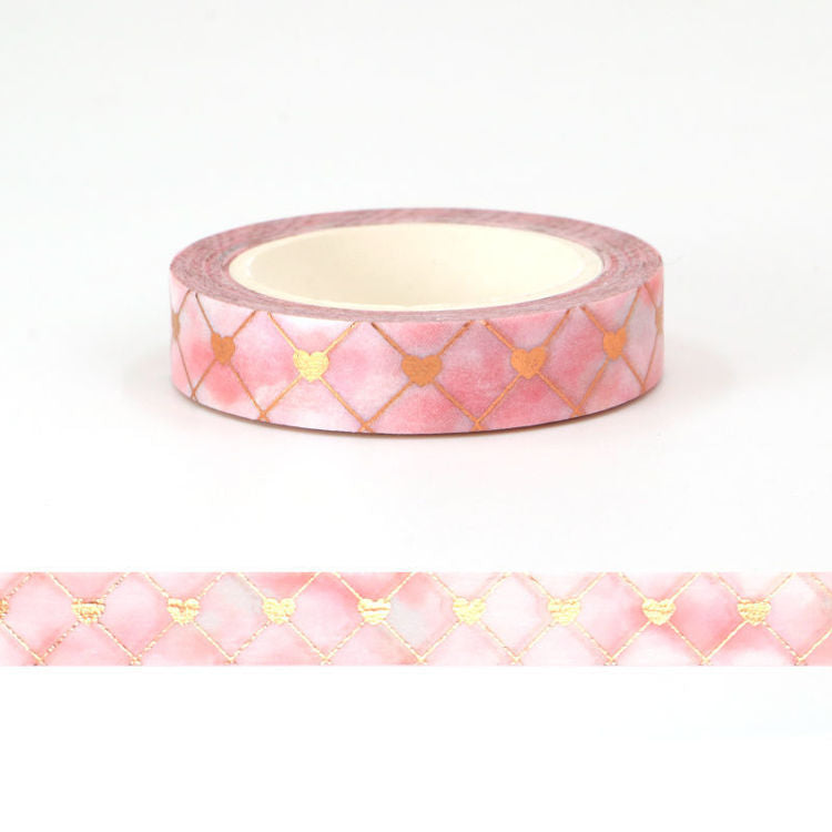 Slim Washi Tape, Pink Water Colour with Rose Gold Foil Hearts