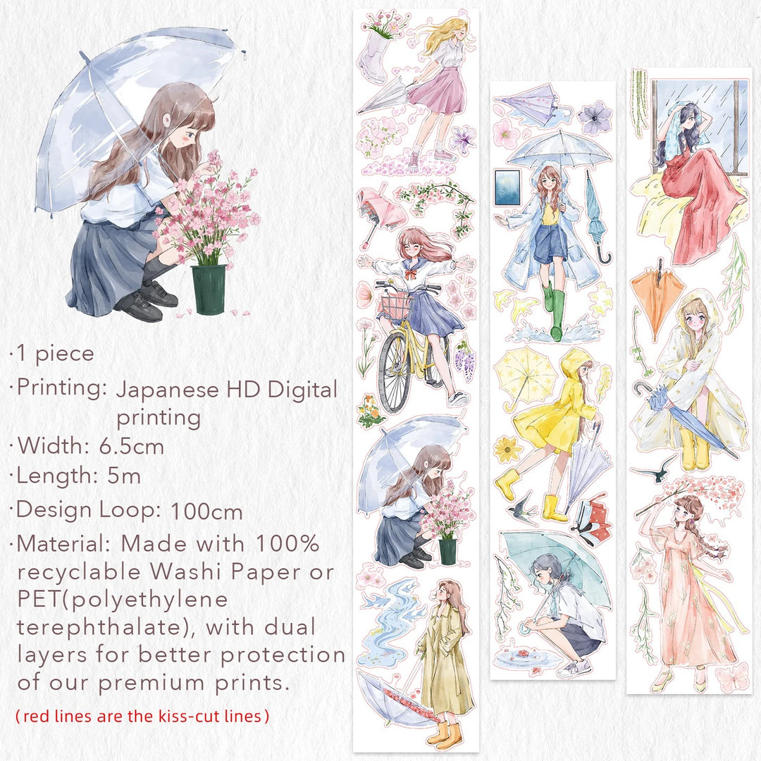 Decorative PET tape with illustrations of a girl with an umbrella and flowers, featuring text about product details.