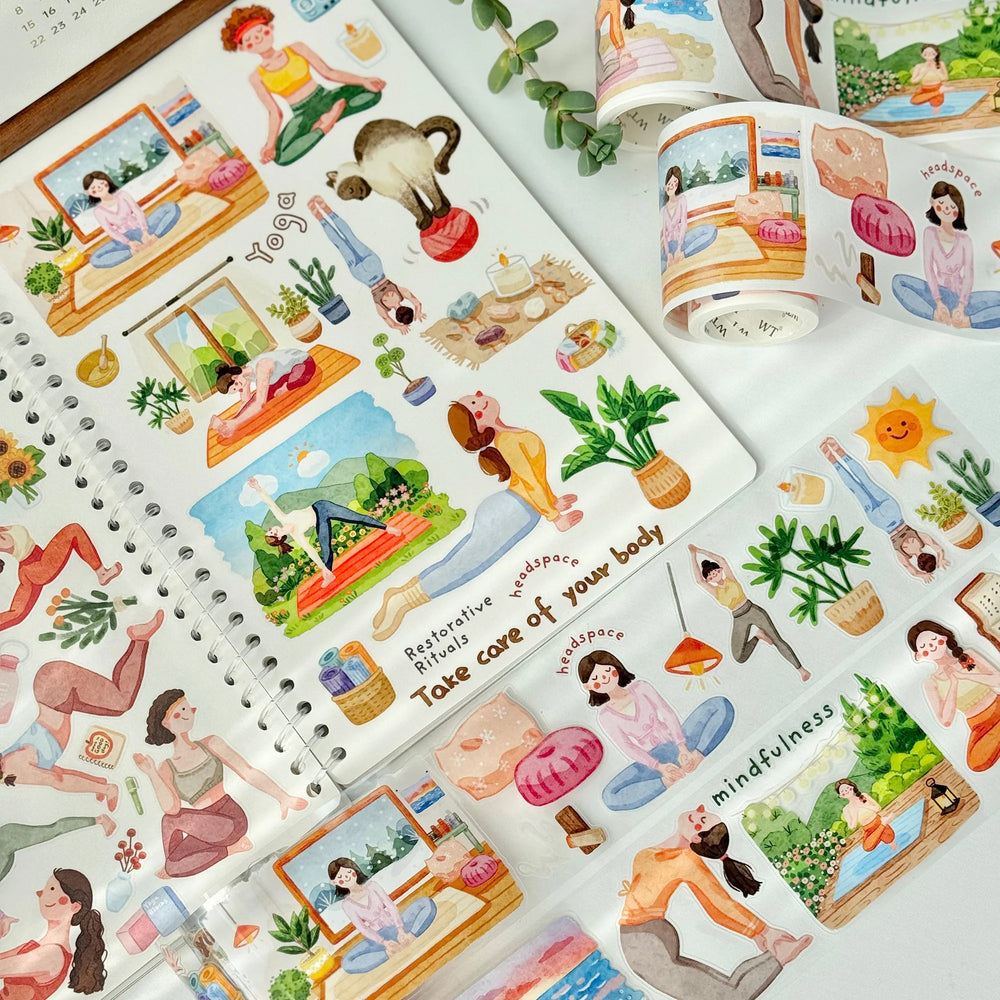 Pre-cut PET tape with various illustrations of people in different poses and activities, including yoga and mindfulness.