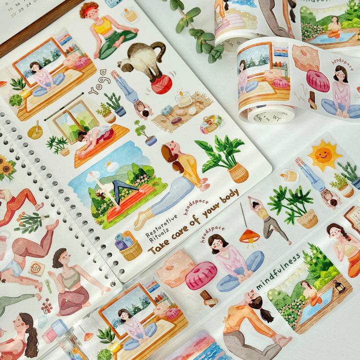 Pre-cut PET tape with various illustrations of people in different poses and activities, including yoga and mindfulness.