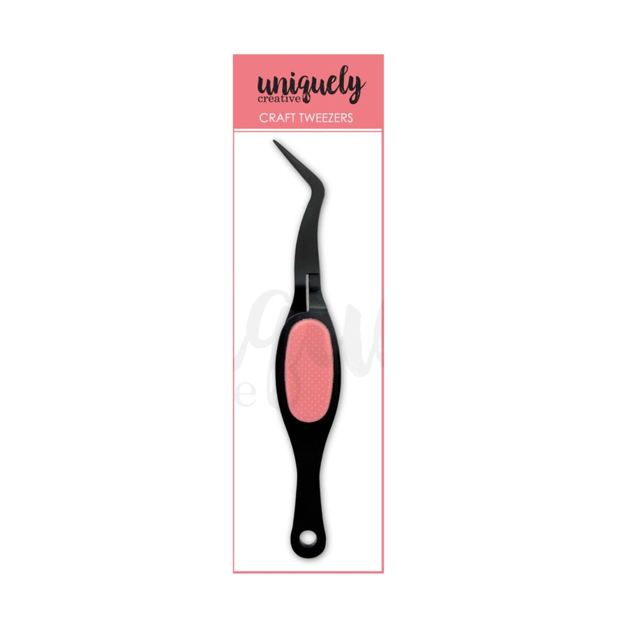 A single craft tweezzer with a black metal arm and a textured pink handle, shown in its retail packaging card. The packaging features a pink header with the brand name 'uniquely creative' and the text 'CRAFT TWEEZERS'.