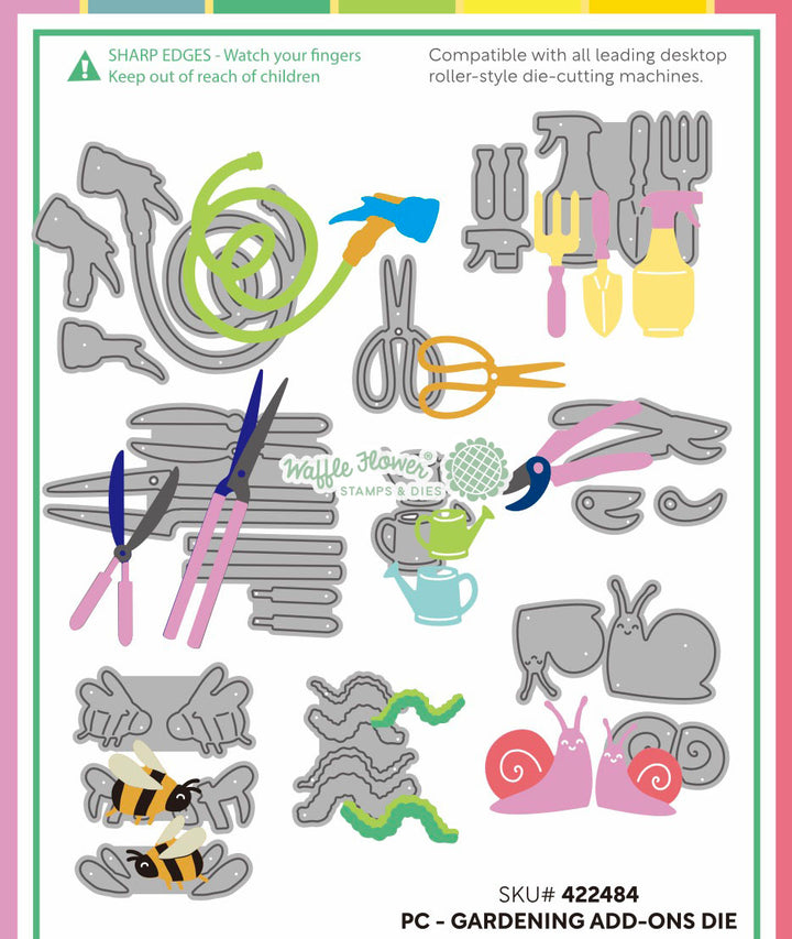 Set of gardening-themed metal dies on a white background with a green border.