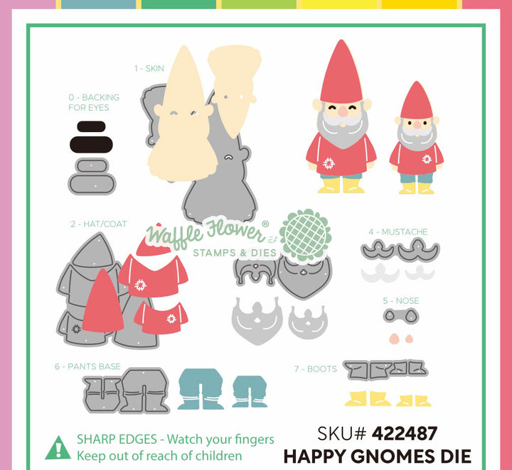 Set of die-cut gnome pieces with Waffle Flower branding on a colorful background