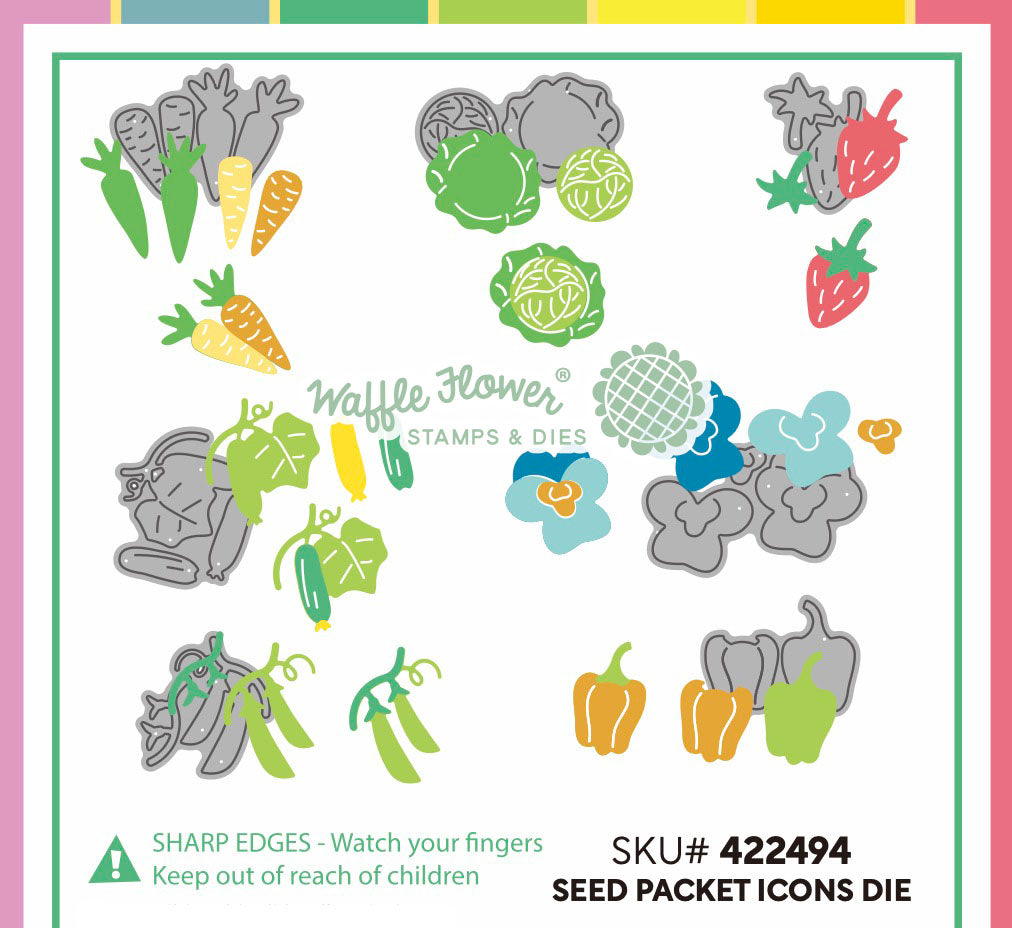 Waffle Flower Seed Packet Icons Die set with various vegetable and flower shapes on a white background.